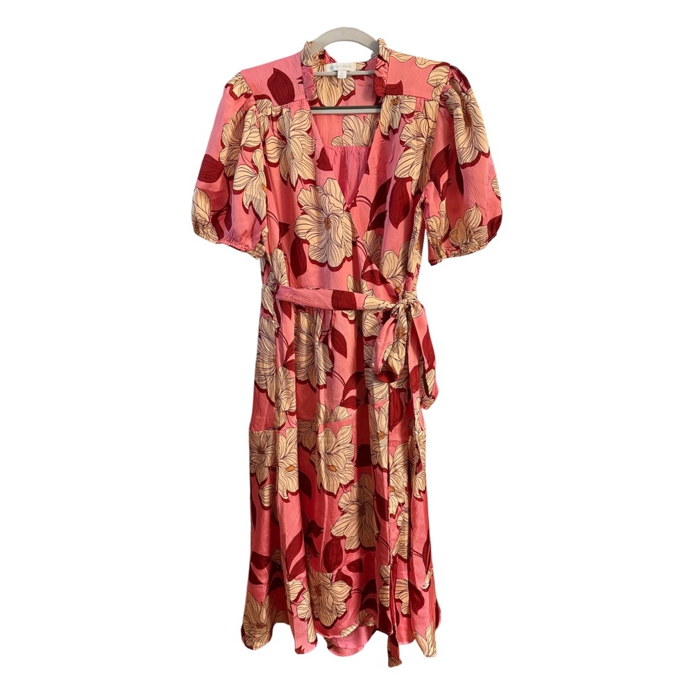 Draper James M Pink Cranberry Floral Wrap Tiered Midi Dress Tie Waist